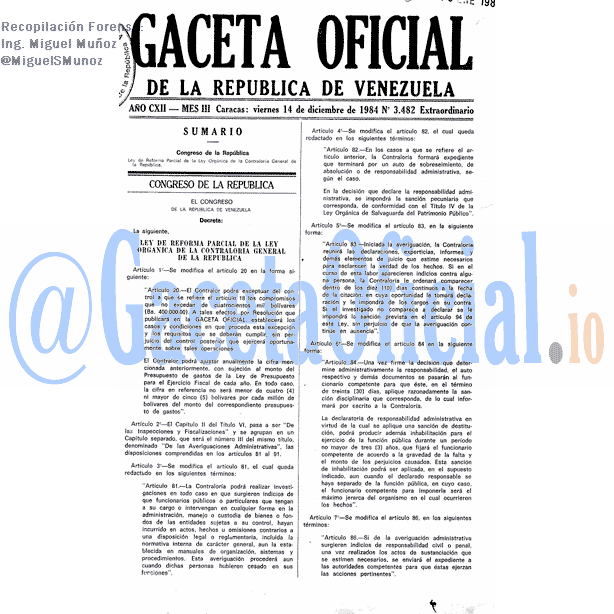 Gaceta Oficial 3482 del 14 Diciembre 1984