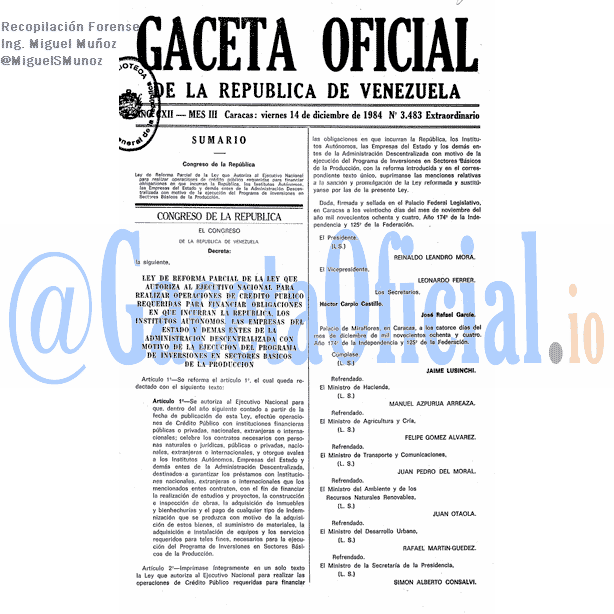 Gaceta Oficial 3483 del 14 Diciembre 1984
