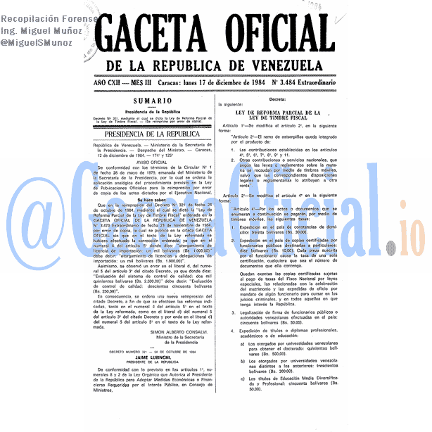 Gaceta Oficial 3484 del 17 Diciembre 1984
