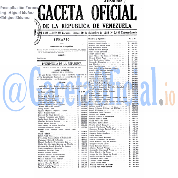 Gaceta Oficial 3487 del 20 Diciembre 1984