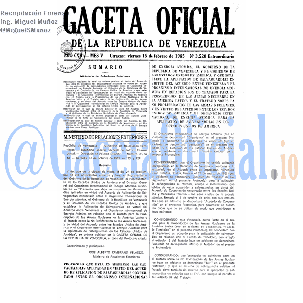 Gaceta Oficial 3520 del 15 Febrero 1985