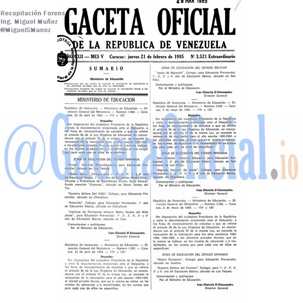 Gaceta Oficial 3521 del 21 Febrero 1985