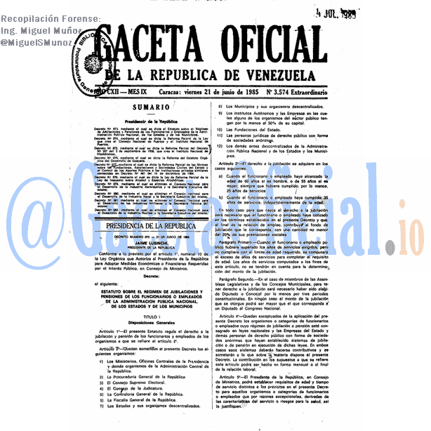 Gaceta Oficial 3574 del 21 Junio 1985