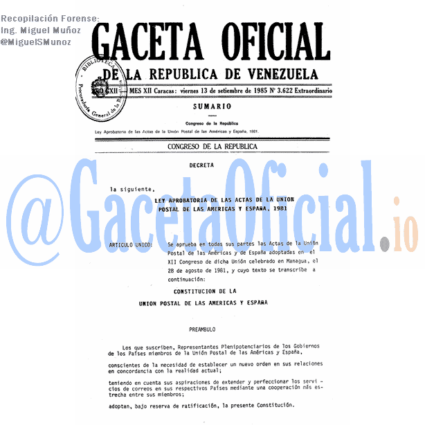 Gaceta Oficial 3622 del 13 Septiembre 1985