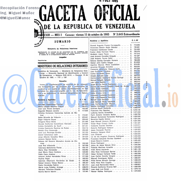 Gaceta Oficial 3645 del 11 Octubre 1985
