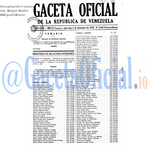 Gaceta Oficial 3663 del 4 Diciembre 1985