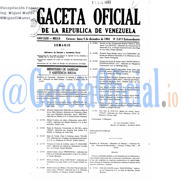 Gaceta Oficial 3671 del 9 Diciembre 1985