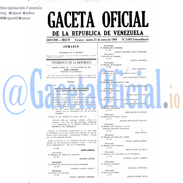 Gaceta Oficial 3693 del 21 Enero 1986