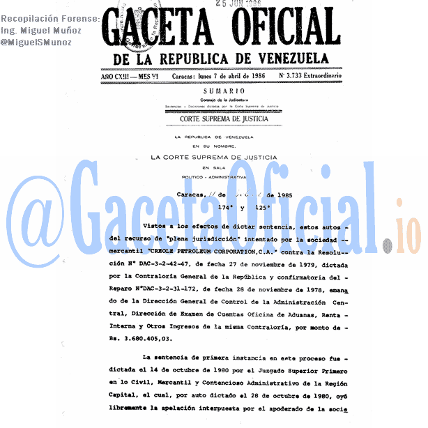 Gaceta Oficial 3733 del 7 Abril 1986