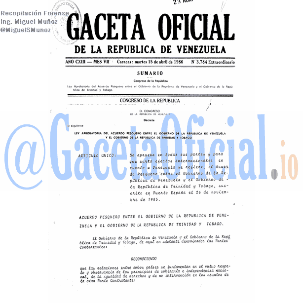 Gaceta Oficial 3784 del 15 Abril 1986