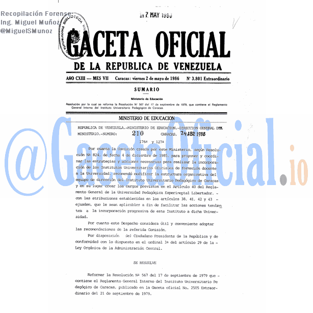 Gaceta Oficial 3801 del 2 Mayo 1986