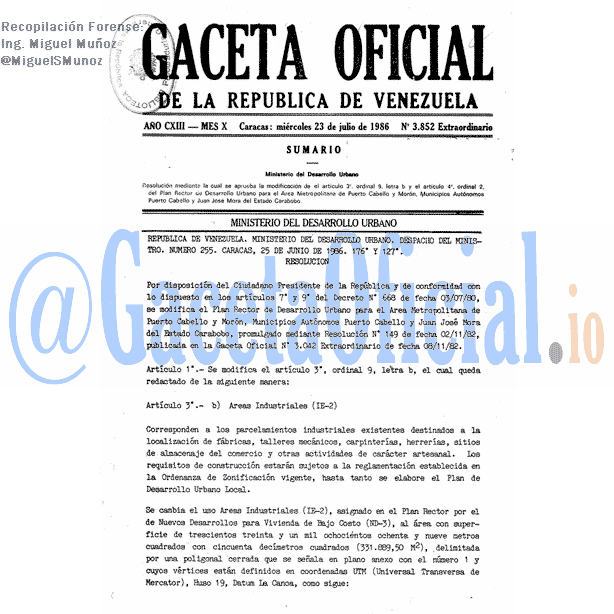 Gaceta Oficial 3852 del 23 Julio 1986