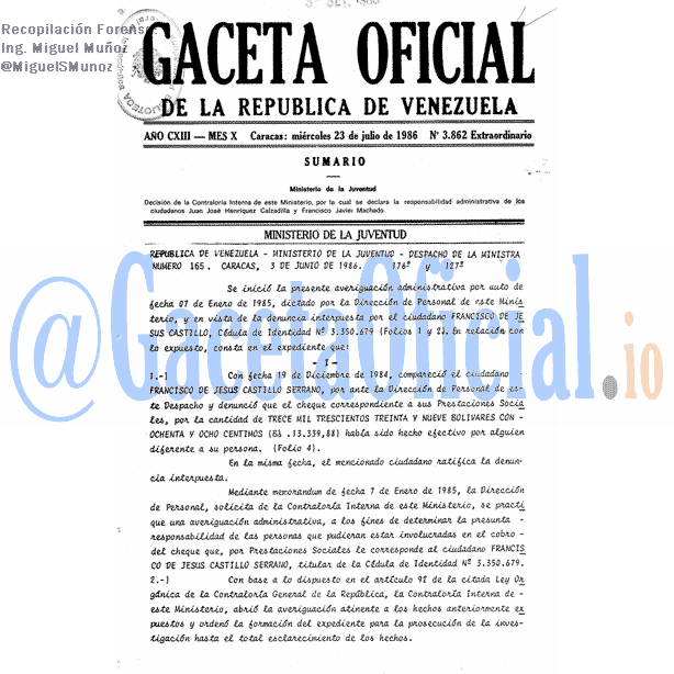 Gaceta Oficial 3862 del 23 Julio 1986