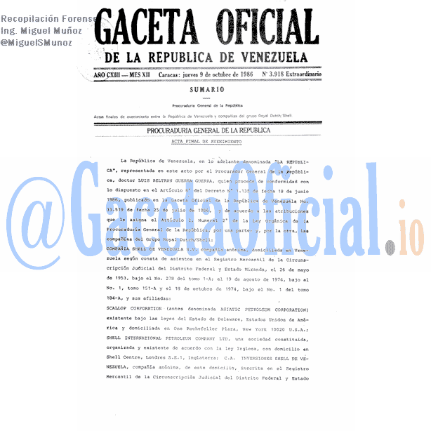 Gaceta Oficial 3918 del 9 Octubre 1986