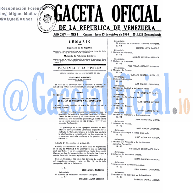 Gaceta Oficial 3923 del 13 Octubre 1986