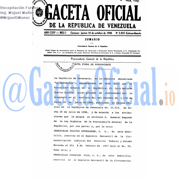 Gaceta Oficial 3925 del 16 Octubre 1986