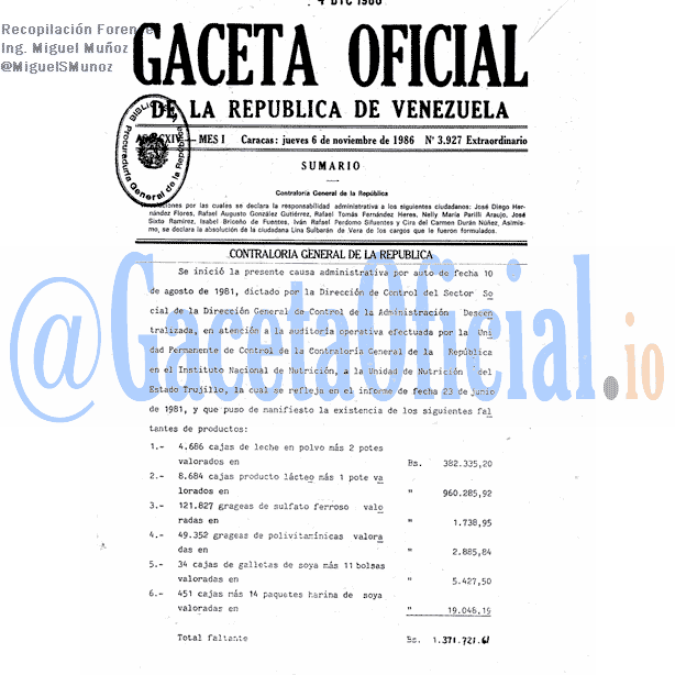 Gaceta Oficial 3927 del 6 Noviembre 1986