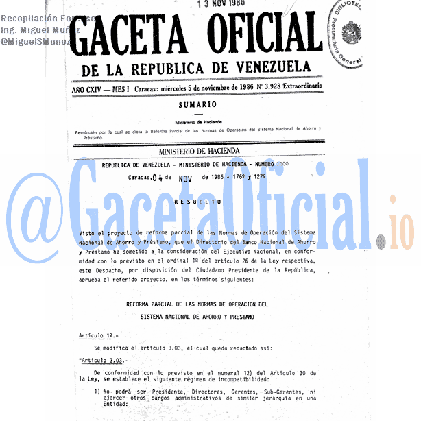 Gaceta Oficial 3928 del 5 Noviembre 1986