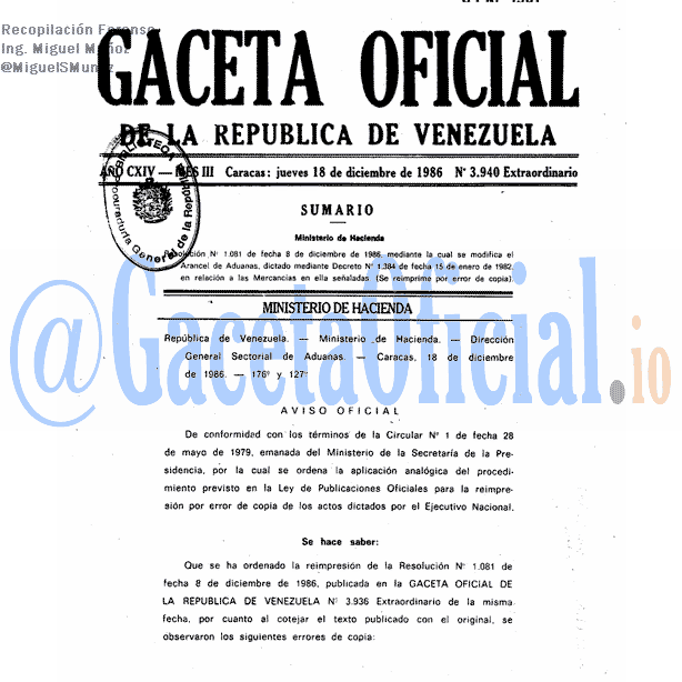 Gaceta Oficial 3940 del 18 Diciembre 1986