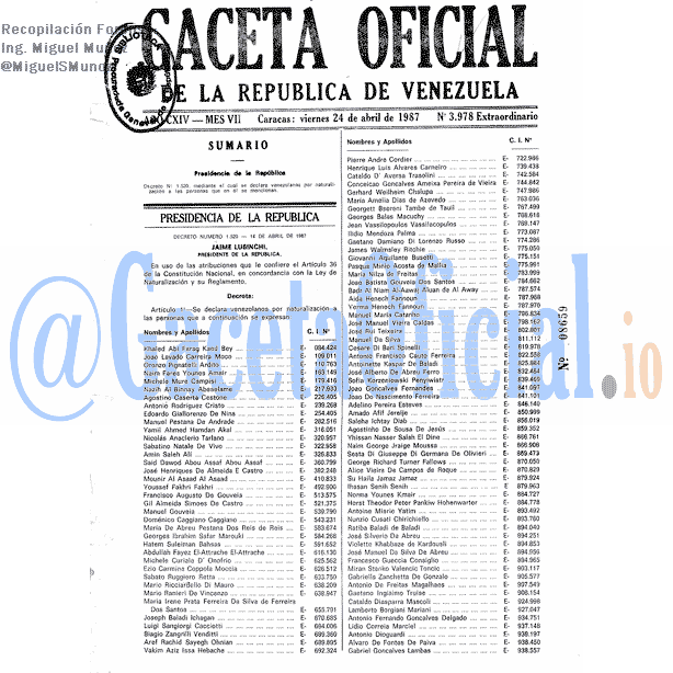 Gaceta Oficial 3978 del 24 Abril 1987