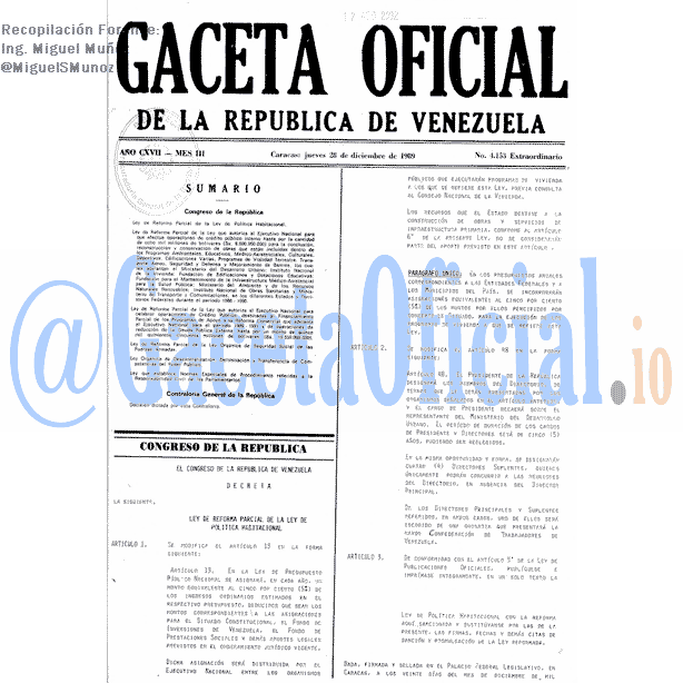Gaceta Oficial 4153 del 28 Diciembre 1989