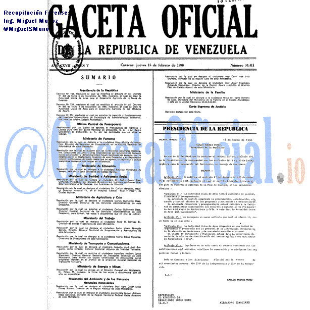 Gaceta Oficial 34411 del 15 Febrero 1990