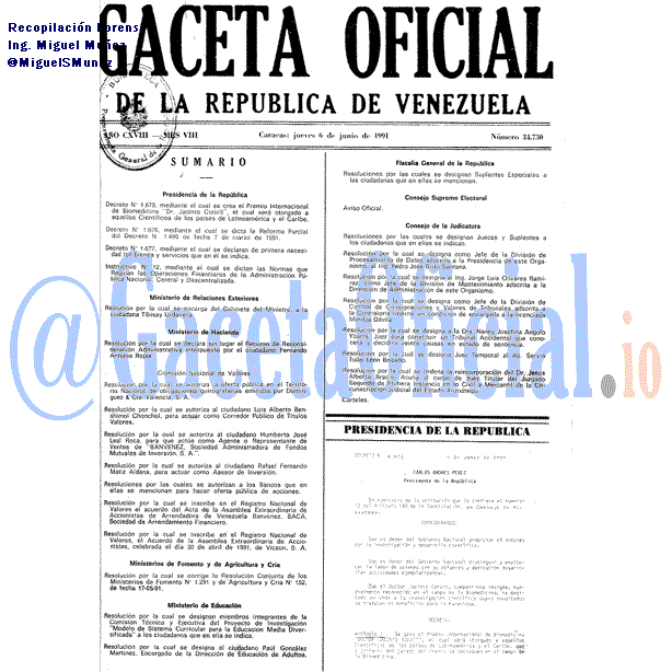 Gaceta Oficial 34730 del 6 Junio 1991