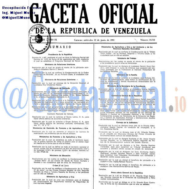 Gaceta Oficial 34734 del 12 Junio 1991