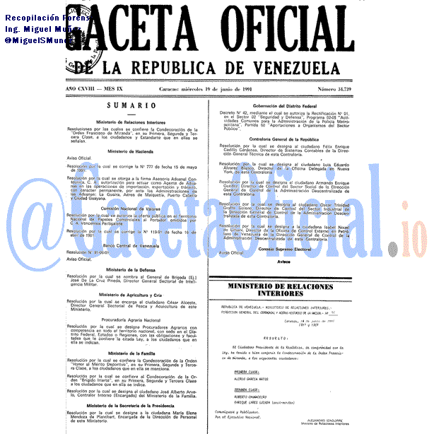 Gaceta Oficial 34739 del 19 Junio 1991
