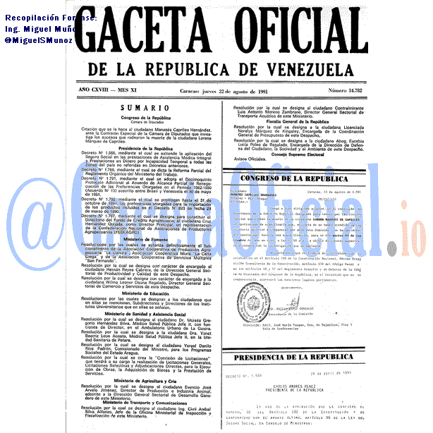 Gaceta Oficial 34782 del 22 Agosto 1991