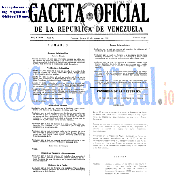 Gaceta Oficial 34787 del 29 Agosto 1991