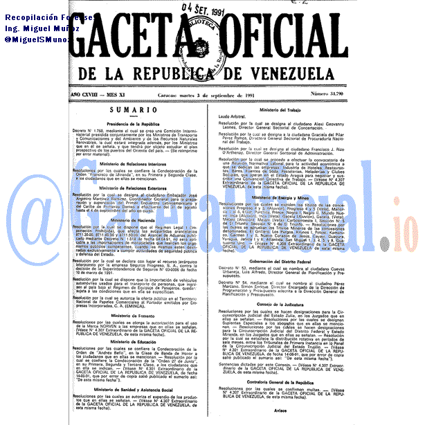 Gaceta Oficial 34790 del 3 Septiembre 1991
