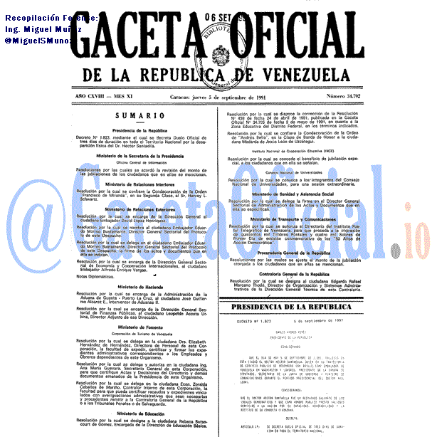 Gaceta Oficial 34792 del 5 Septiembre 1991
