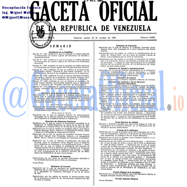 Gaceta Oficial 34825 del 22 Octubre 1991