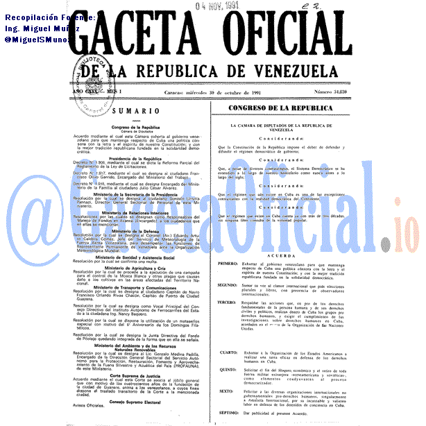 Gaceta Oficial 34830 del 30 Octubre 1991
