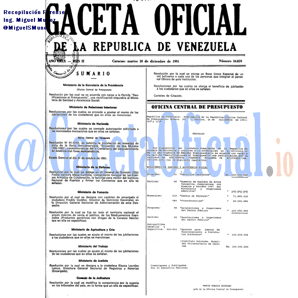 Gaceta Oficial 34859 del 10 Diciembre 1991