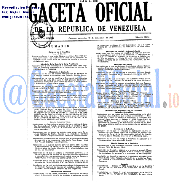 Gaceta Oficial 34865 del 18 Diciembre 1991