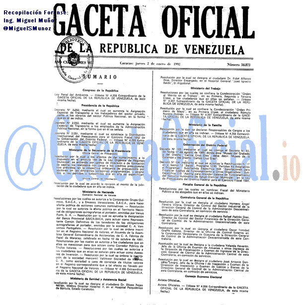 Gaceta Oficial 34873 del 2 Enero 1992