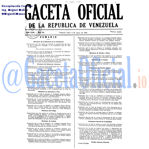 Gaceta Oficial 34875 del 6 Enero 1992