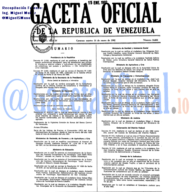 Gaceta Oficial 34881 del 14 Enero 1992