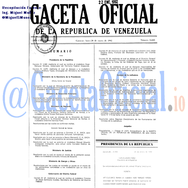 Gaceta Oficial 34885 del 20 Enero 1992