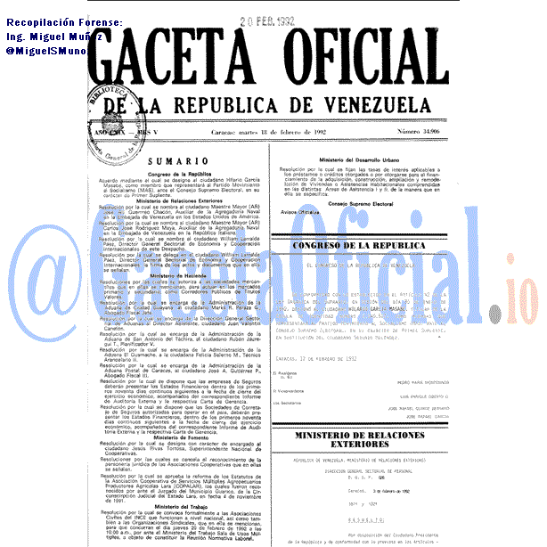 Gaceta Oficial 34906 del 18 Febrero 1992