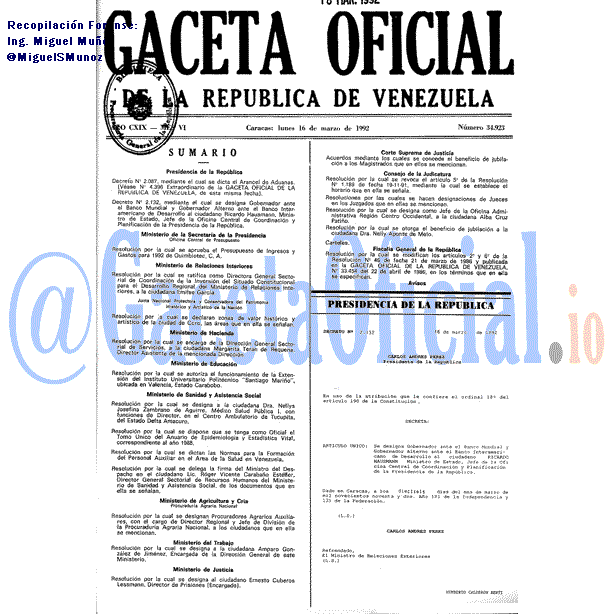 Gaceta Oficial 34923 del 16 Marzo 1992
