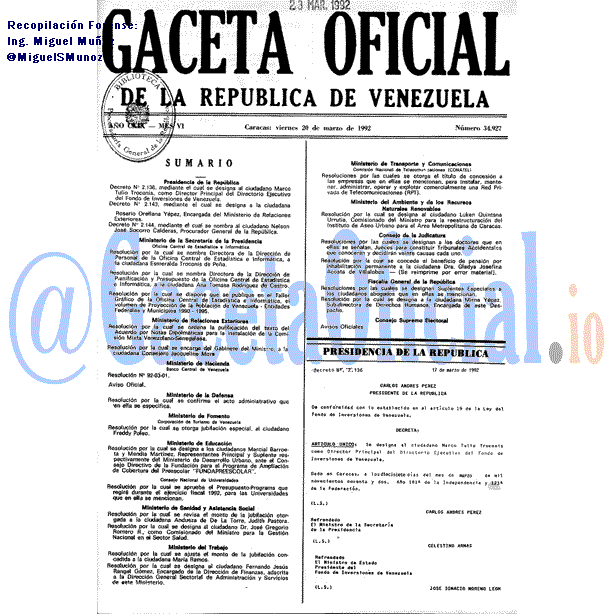 Gaceta Oficial 34927 del 20 Marzo 1992