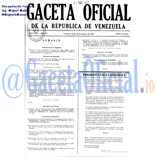 Gaceta Oficial 34933 del 30 Marzo 1992