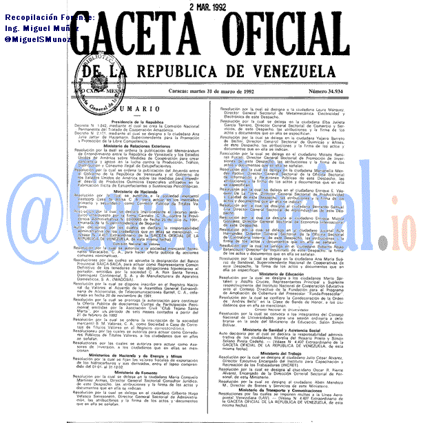 Gaceta Oficial 34934 del 31 Marzo 1992