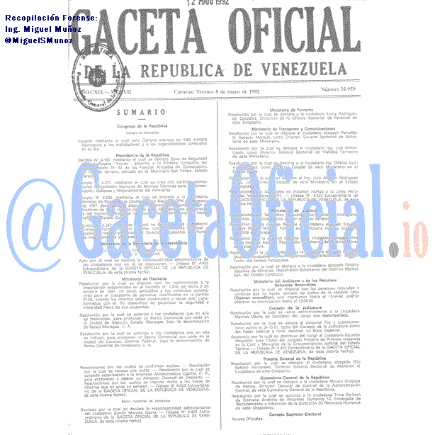 Gaceta Oficial 34959 del 8 Mayo 1992