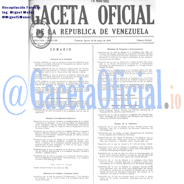 Gaceta Oficial 34963 del 14 Mayo 1992