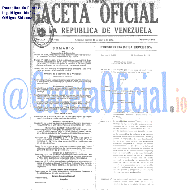 Gaceta Oficial 34964 del 15 Mayo 1992