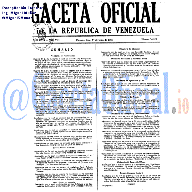 Gaceta Oficial 34975 del 1 Junio 1992